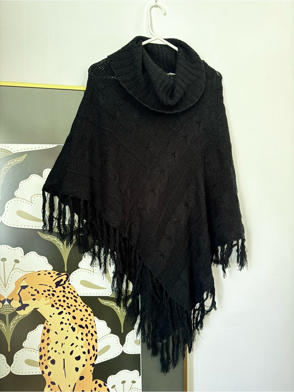 Black Cable knit Cowl-Neck Fringe Asymmetrical Poncho